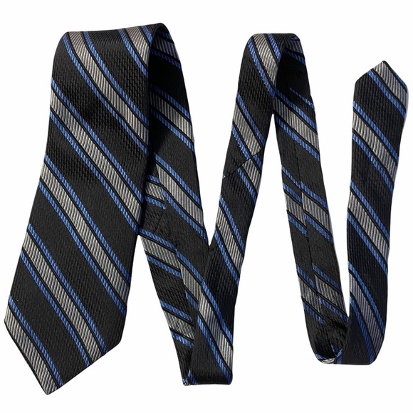 Alfred Sung Woven Silk Thick Long Neck Tie Black Gray Blue Stripes Necktie OS - Picture 8 of 13